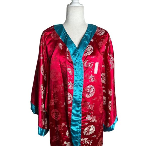 Vintage 90s Storybook Heirlooms Kimono Small Red Satin Dragon Long Sleeves - Picture 3 of 8